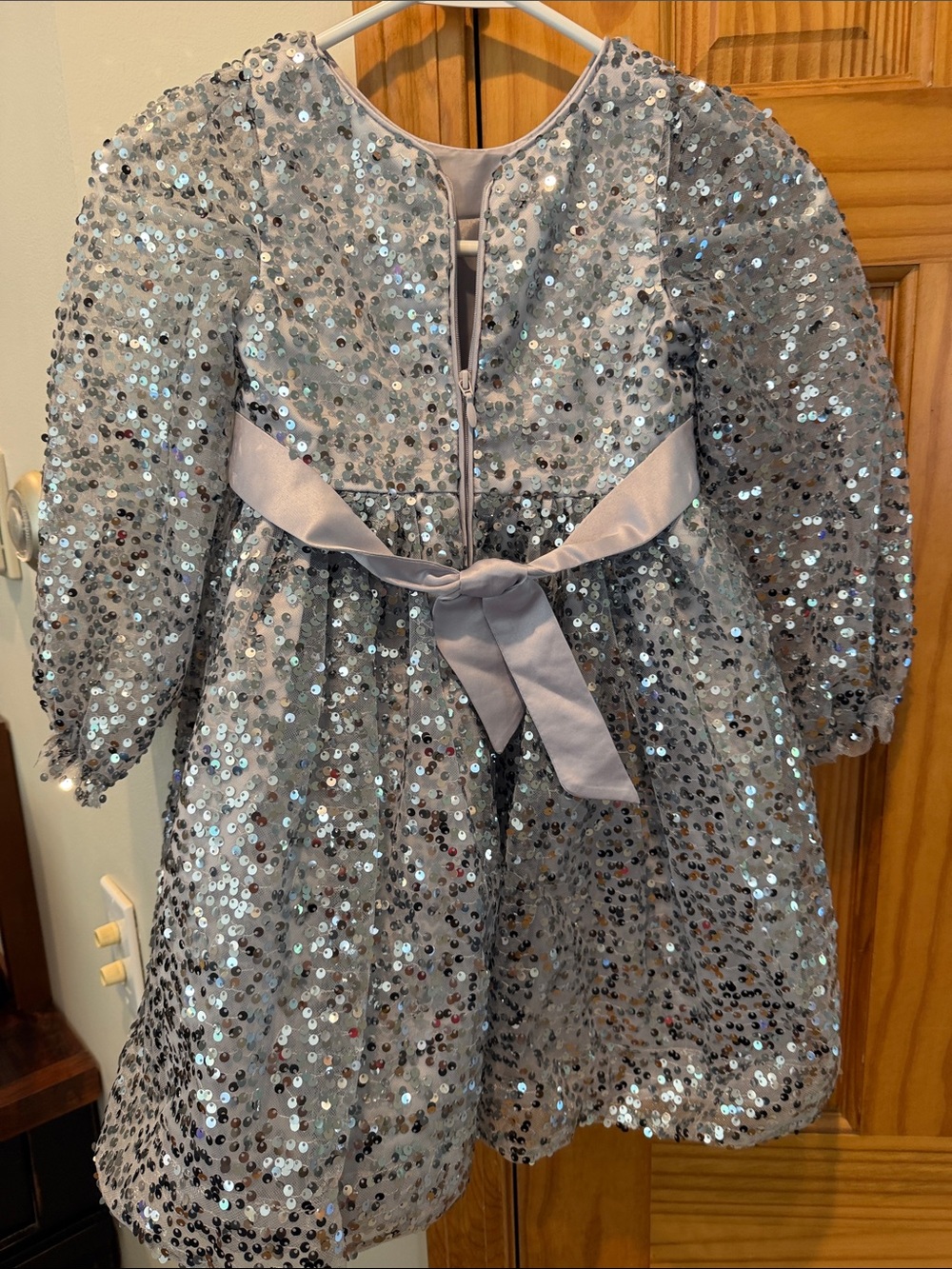 Silver Sequin Party Dress for Girls with Satin Waistband - Picture 2 of 3